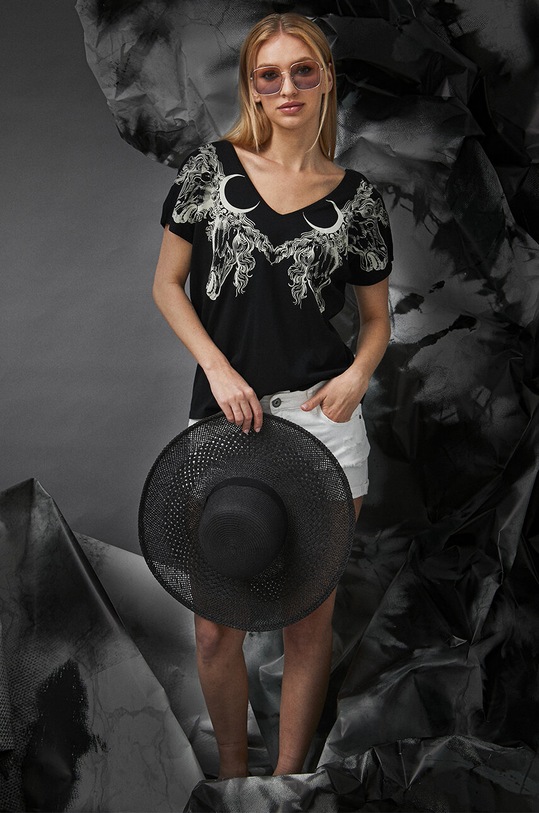 T-shirt bawełniany damski Tattoo Art by Karolina Słotwińska - Chuchu, kolor czarny bawełna czarny RS23.TSDA57