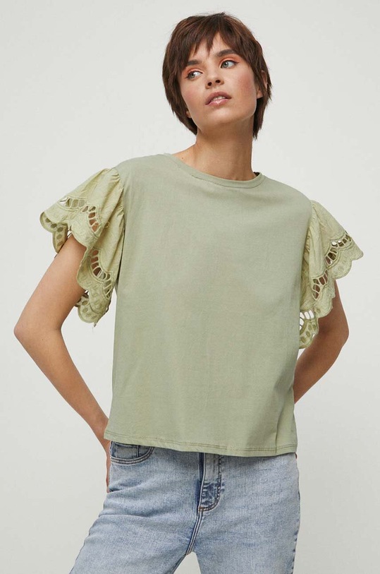 T-shirt bawełniany damski gładki z domieszką elastanu kolor zielony gładkie zielony RS23.TSDA64
