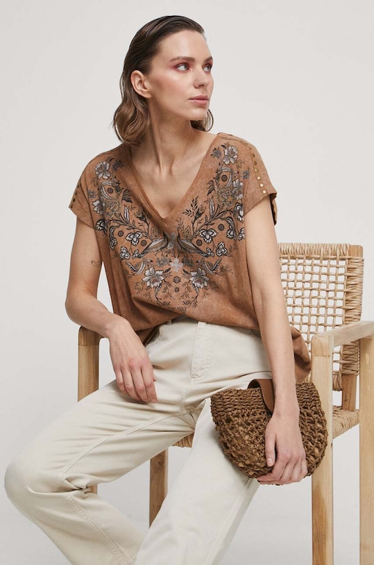 T-shirt bawełniany damski z nadrukiem kolor brązowy bawełna brązowy RS23.TSDB15