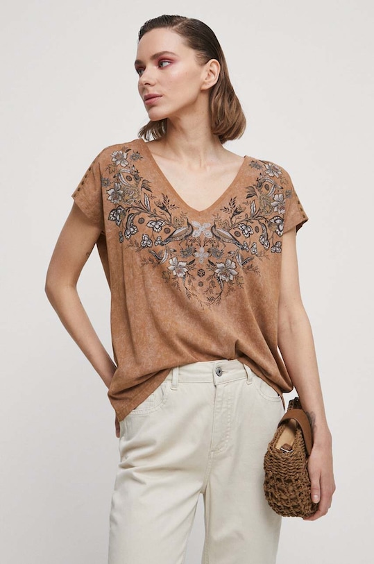 T-shirt bawełniany damski z nadrukiem kolor brązowy RS23.TSDB15 brązowy RS23
