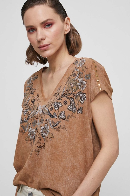 T-shirt bawełniany damski z nadrukiem kolor brązowy brązowy RS23.TSDB15