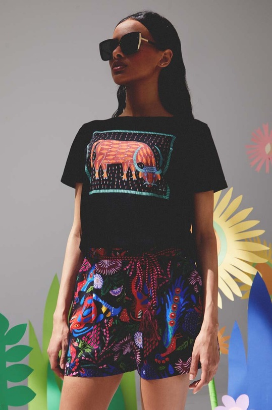 T-shirt bawełniany damski Maria Prymachenko x Medicine kolor czarny okrągły czarny RS23.TSDC52