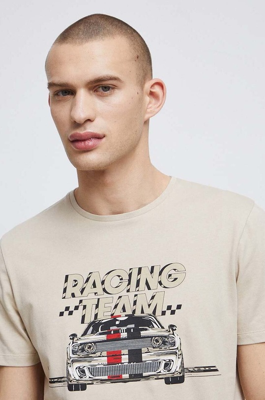 T-shirt bawełniany męski z nadrukiem kolor beżowy okrągły beżowy RS23.TSM308