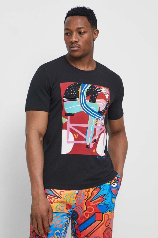 T-shirt bawełniany męski z domieszką elastanu by Basia Flores, Grafika Polska, kolor czarny RS23.TSM652 czarny RS23