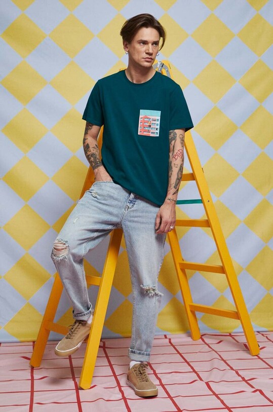 T-shirt bawełniany męski z domieszką elastanu by Andrzej Kukla, Grafika Polska, kolor zielony gładkie turkusowy RS23.TSM657