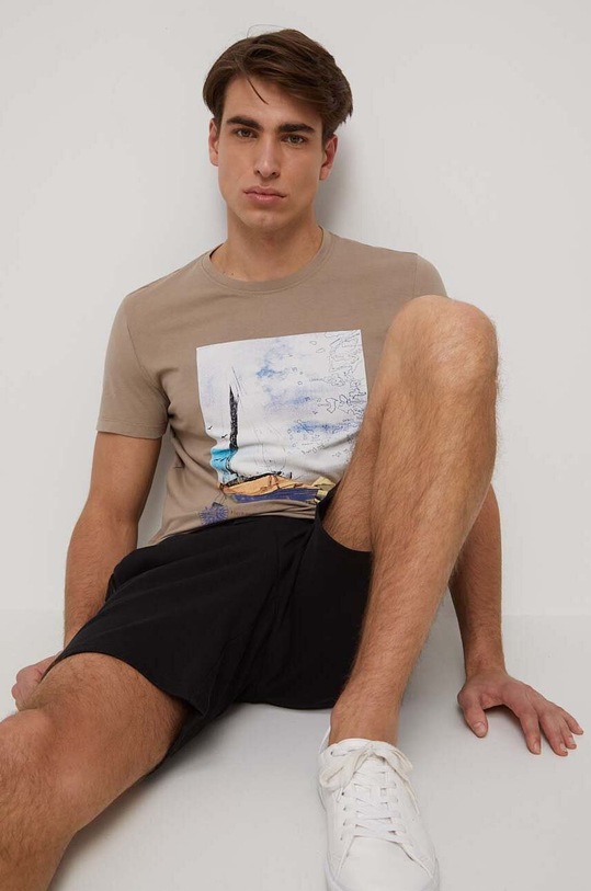 Bavlnené tričko pánske s potlačou béžová farba potlač béžová RS23.TSM810