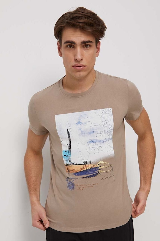 Bavlnené tričko pánske s potlačou béžová farba béžová RS23.TSM810