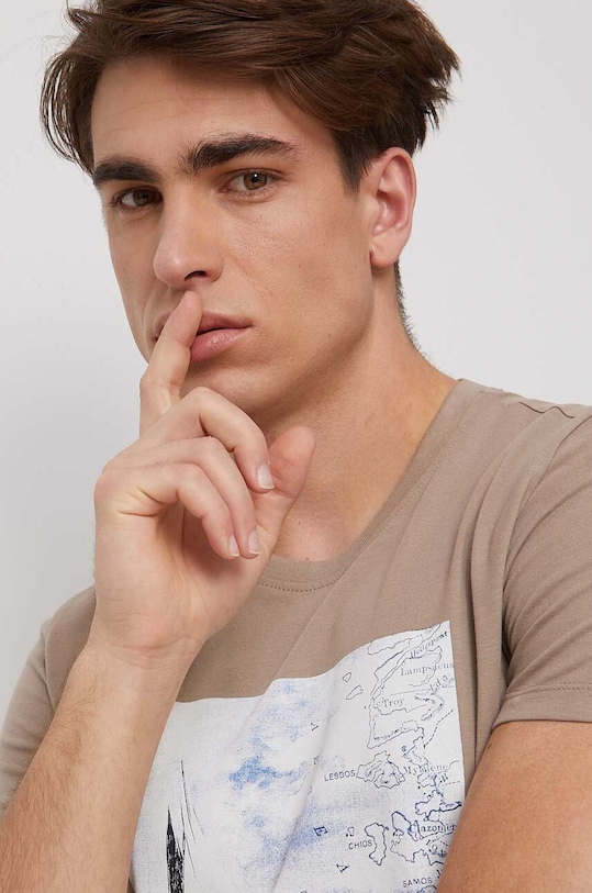 Bavlnené tričko pánske s potlačou béžová farba RS23.TSM810 béžová