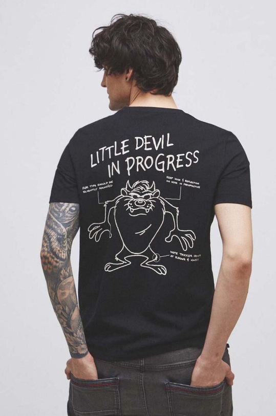 T-shirt bawełniany męski Looney Tunes kolor czarny okrągły czarny RS23.TSM952