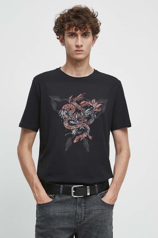 T-shirt bawełniany męski z nadrukiem z domieszką elastanu kolor czarny okrągły czarny RS23.TSMA21
