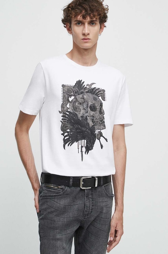 T-shirt bawełniany męski z nadrukiem z domieszką elastanu kolor biały okrągły biały RS23.TSMA23