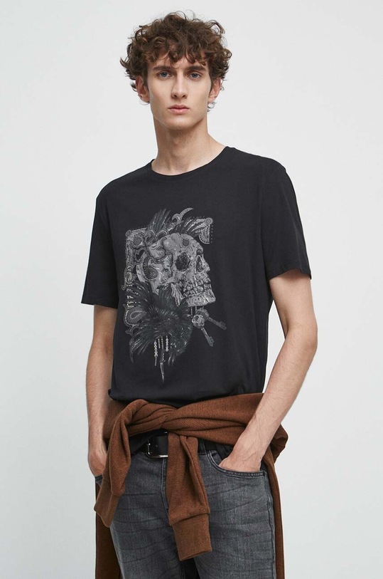 T-shirt bawełniany męski z nadrukiem z domieszką elastanu kolor czarny okrągły czarny RS23.TSMA23
