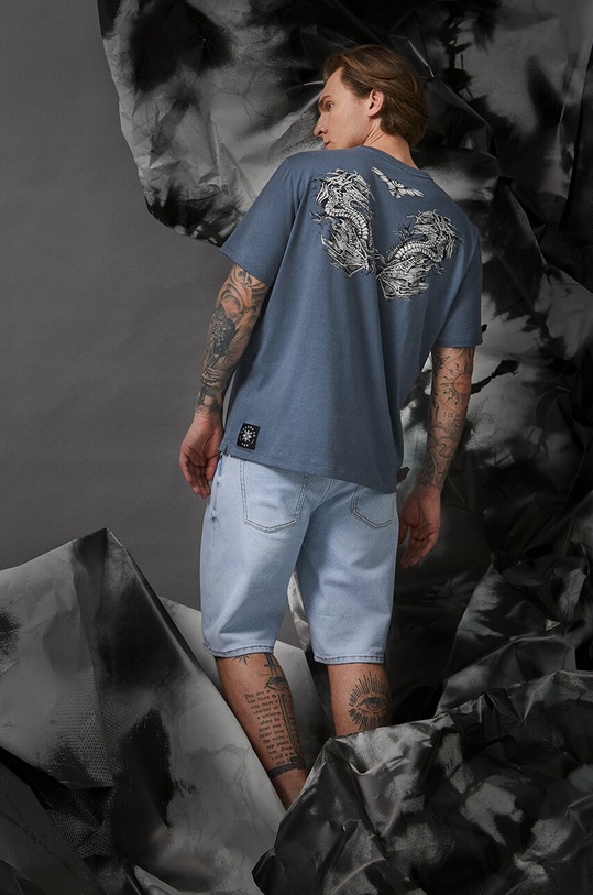 T-shirt bawełniany męski Tattoo Art by Natalia Osipa - Czornaja Ink, kolor niebieski okrągły niebieski RS23.TSMA51