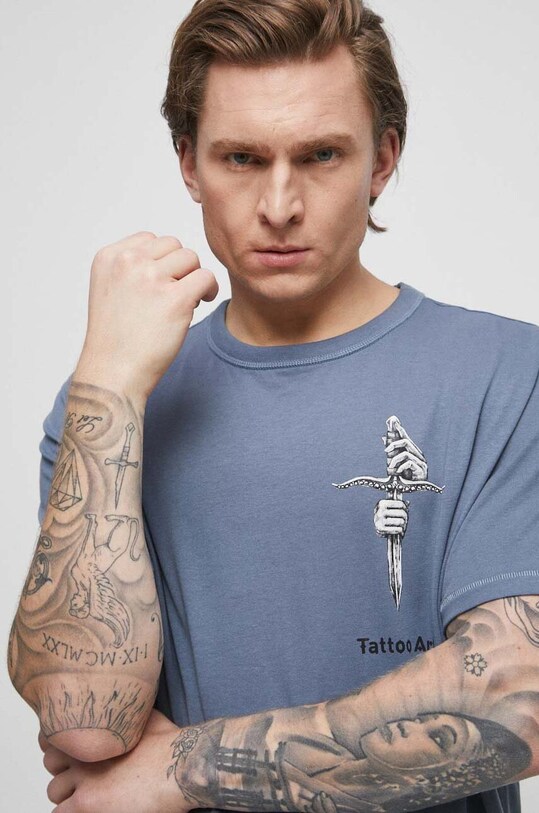 T-shirt bawełniany męski Tattoo Art by Natalia Osipa - Czornaja Ink, kolor niebieski niebieski RS23.TSMA51