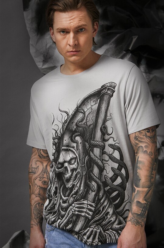 T-shirt bawełniany męski Tattoo Art by Maciej Puchała - Piekłowstąpienie, kolor szary okrągły szary RS23.TSMA52
