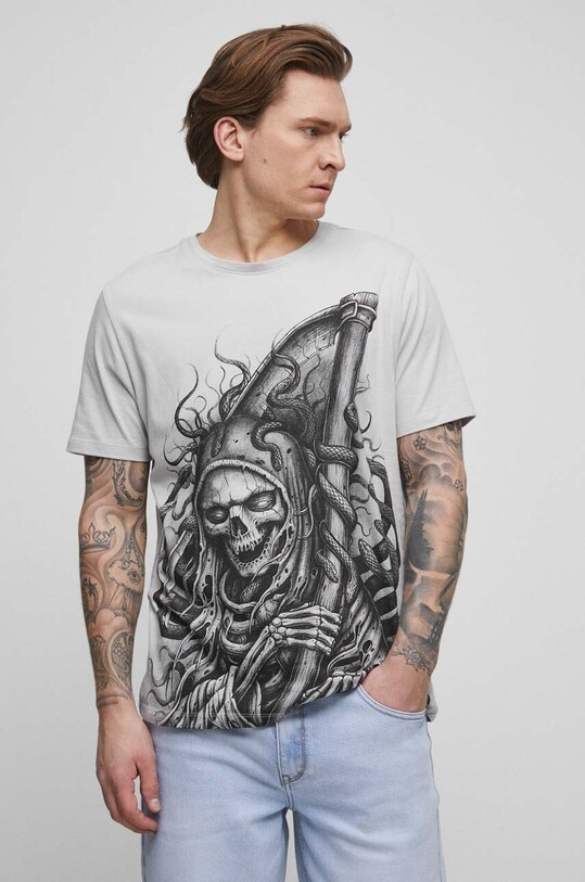 T-shirt bawełniany męski Tattoo Art by Maciej Puchała - Piekłowstąpienie, kolor szary szary RS23.TSMA52
