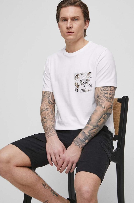 T-shirt bawełniany męski z domieszką elastanu kolor biały gładkie biały RS23.TSMB16