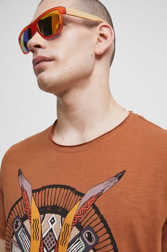 T-shirt bawełniany męski z nadrukiem kolor brązowy okrągły brązowy RS23.TSMB17