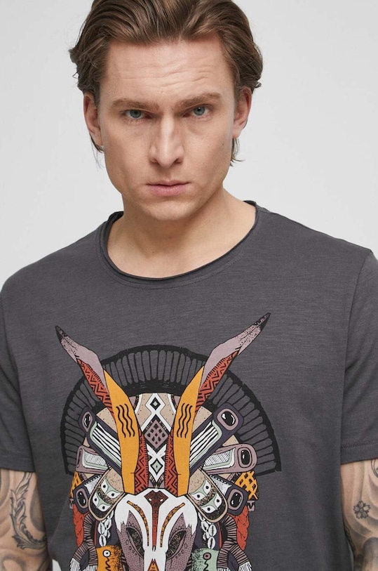 T-shirt bawełniany męski z nadrukiem kolor szary okrągły szary RS23.TSMB17