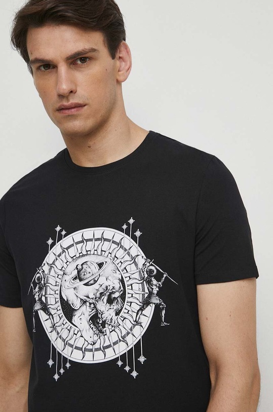 T-shirt bawełniany męski z nadrukiem z domieszką elastanu kolor czarny okrągły czarny RS23.TSMB22