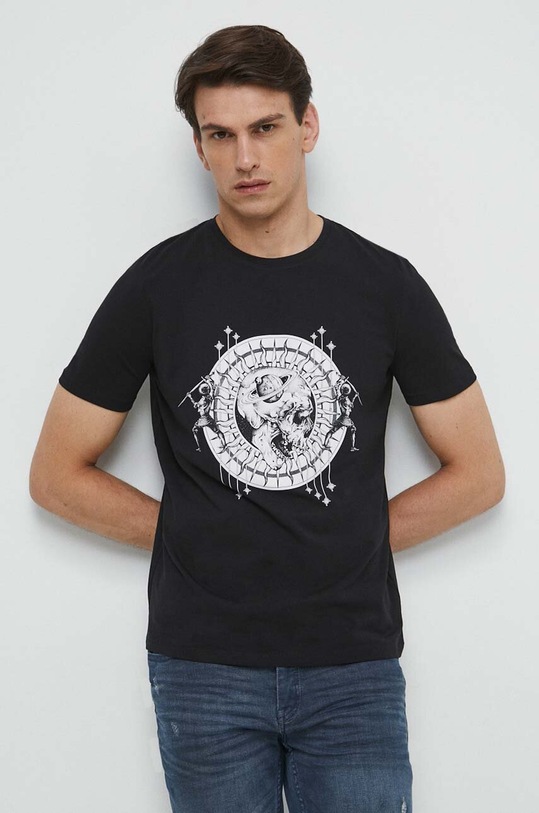 T-shirt bawełniany męski z nadrukiem z domieszką elastanu kolor czarny czarny RS23.TSMB22
