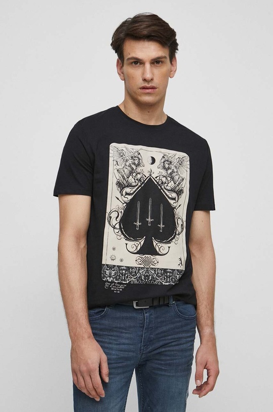 T-shirt bawełniany męski z nadrukiem z domieszką elastanu kolor czarny okrągły czarny RS23.TSMB23