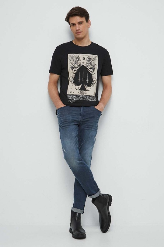 T-shirt bawełniany męski z nadrukiem z domieszką elastanu kolor czarny RS23.TSMB23 czarny RS23