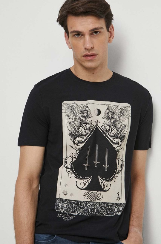 T-shirt bawełniany męski z nadrukiem z domieszką elastanu kolor czarny czarny RS23.TSMB23