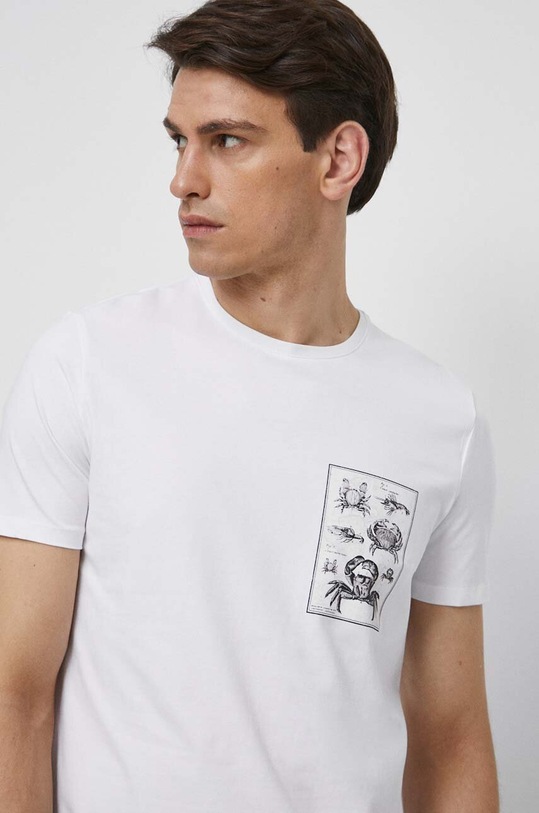 T-shirt bawełniany męski z nadrukiem z domieszką elastanu kolor biały okrągły biały RS23.TSMB24
