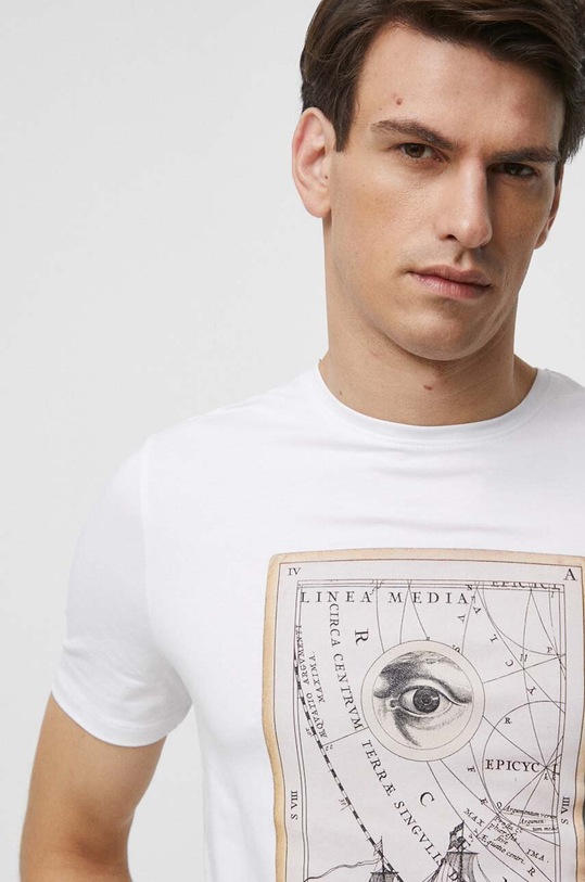 T-shirt bawełniany męski z nadrukiem z domieszką elastanu kolor biały okrągły biały RS23.TSMB25