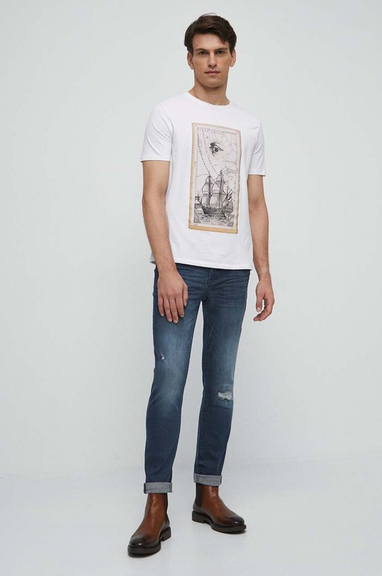 T-shirt bawełniany męski z nadrukiem z domieszką elastanu kolor biały RS23.TSMB25 biały RS23