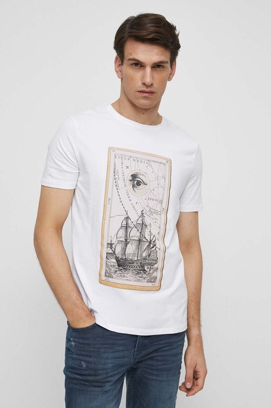 T-shirt bawełniany męski z nadrukiem z domieszką elastanu kolor biały biały RS23.TSMB25