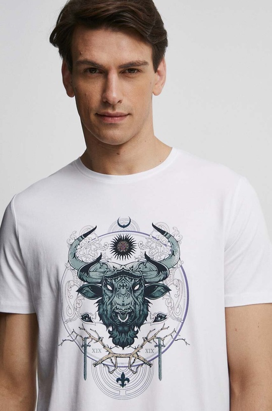 T-shirt bawełniany męski z nadrukiem z domieszką elastanu kolor biały okrągły biały RS23.TSMB28