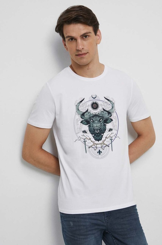 T-shirt bawełniany męski z nadrukiem z domieszką elastanu kolor biały biały RS23.TSMB28