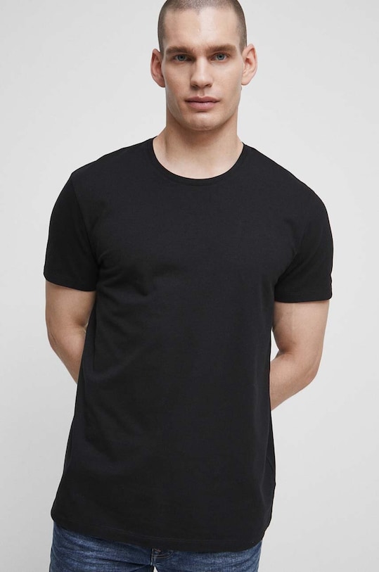 T-shirt bawełniany męski gładki z domieszką elastanu kolor czarny gładkie czarny RS23.TSMC03