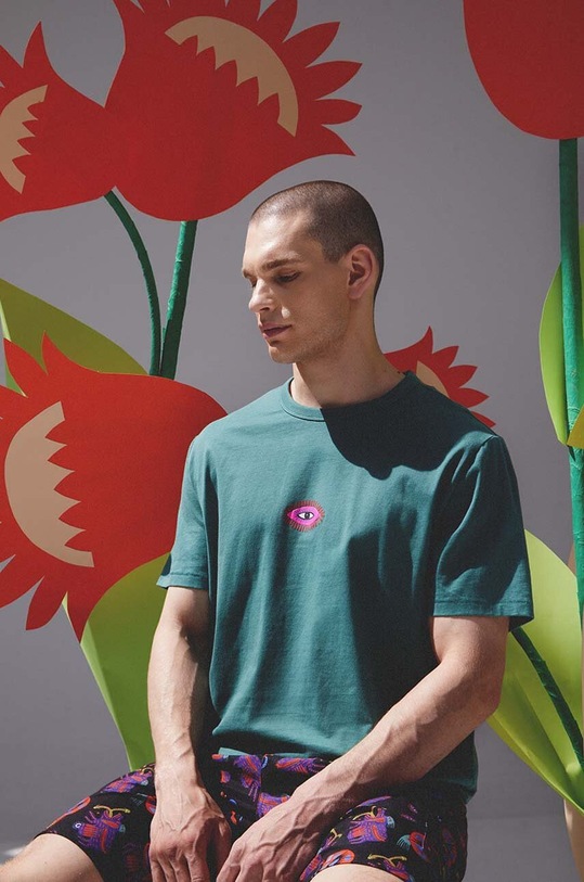 T-shirt bawełniany męski Maria Prymachenko x Medicine kolor zielony okrągły zielony RS23.TSMC56