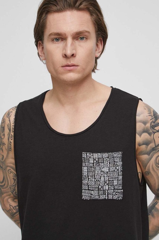 T-shirt bawełniany męski z printowaną kieszonką kolor czarny czarny RS23.TTMB01