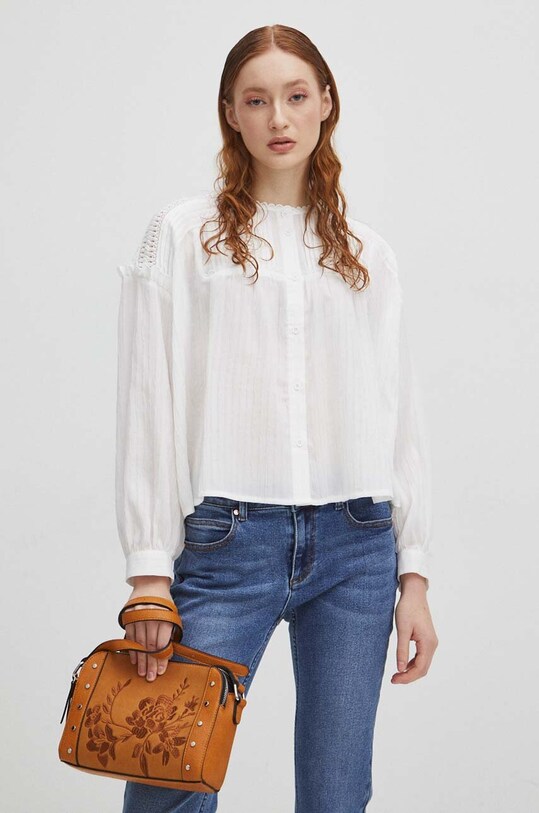 Bluzka damska oversize z ozdobnymi wstawkami kolor biały gładkie biały RS24.BDD503