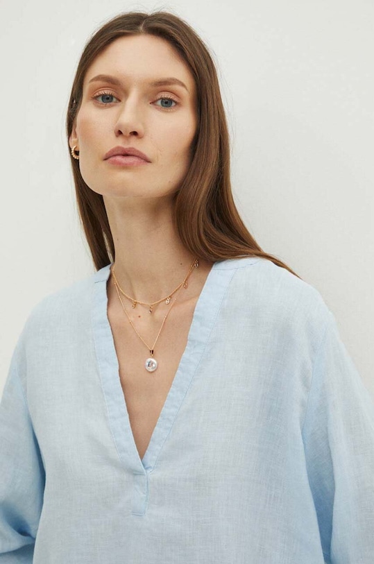 Bluzka lniana damska kolor niebieski długi niebieski RS24.BDD902