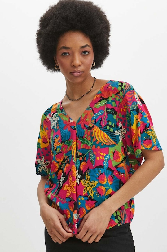 Bluzka damska z wiskozy wzorzysta kolor różowy RS24.BKD070 różowy RS24