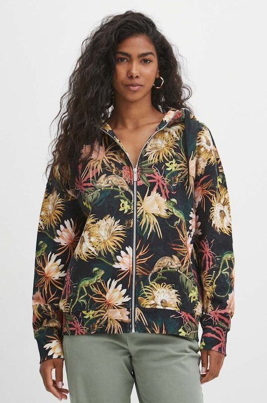 Bluza damska z kapturem wzorzysta kolor zielony z elastanem turkusowy RS24.BLD031