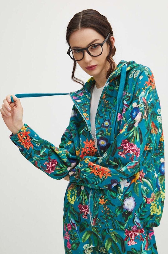 Bavlnená mikina dámska zelená farba s kapucňou tyrkysová RS24.BLD051