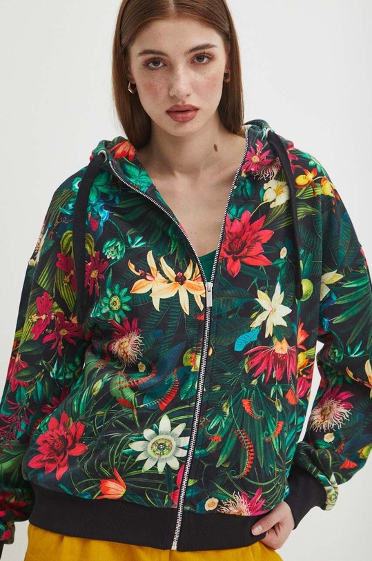 Bluza damska z kapturem wzorzysta kolor czarny z elastanem czarny RS24.BLD090