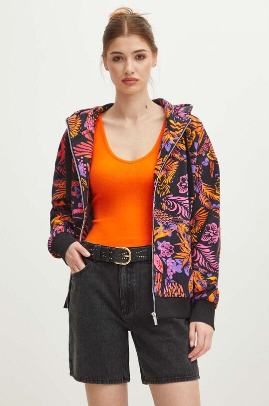 Bluza damska z kapturem wzorzysta kolor multicolor z elastanem multicolor RS24.BLD090