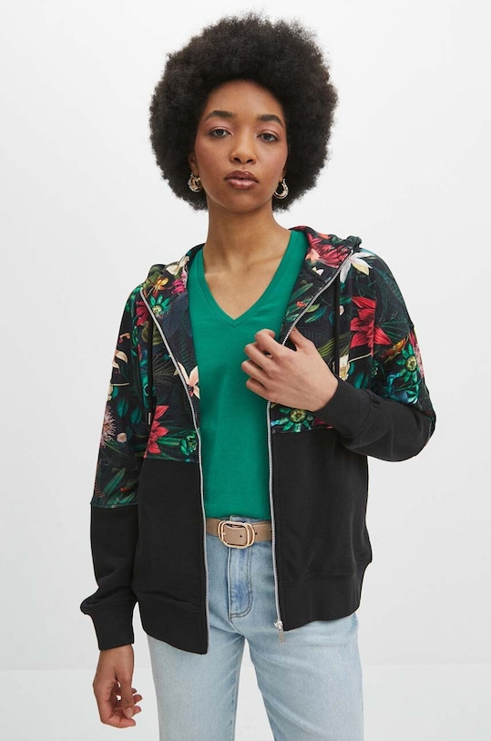 Bluza damska z kapturem wzorzysta kolor czarny z elastanem czarny RS24.BLD700