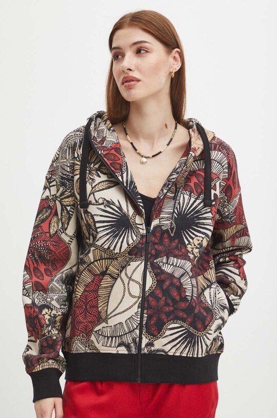 Bluza damska z kapturem wzorzysta kolor brązowy brązowy RS24.BLDA02