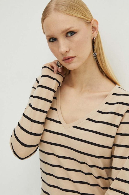 Bavlněné tričko s dlouhým rukávem dámské s příměsí elastanu béžová barva slim béžová RS24.BUD010