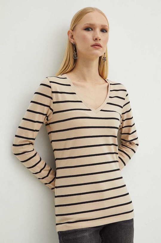 Bavlněné tričko s dlouhým rukávem dámské s příměsí elastanu béžová barva béžová RS24.BUD010