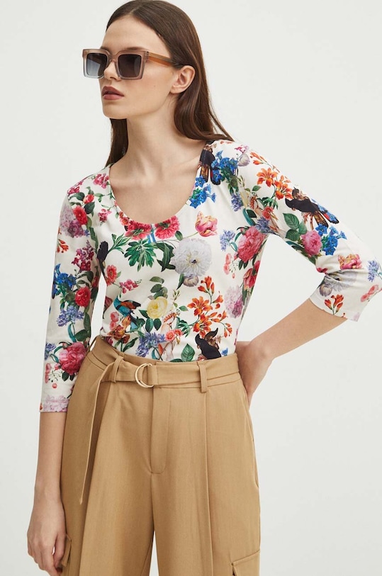 Bavlnené tričko s dlhým rukávom dámske béžová farba s elastanom béžová RS24.BUD302