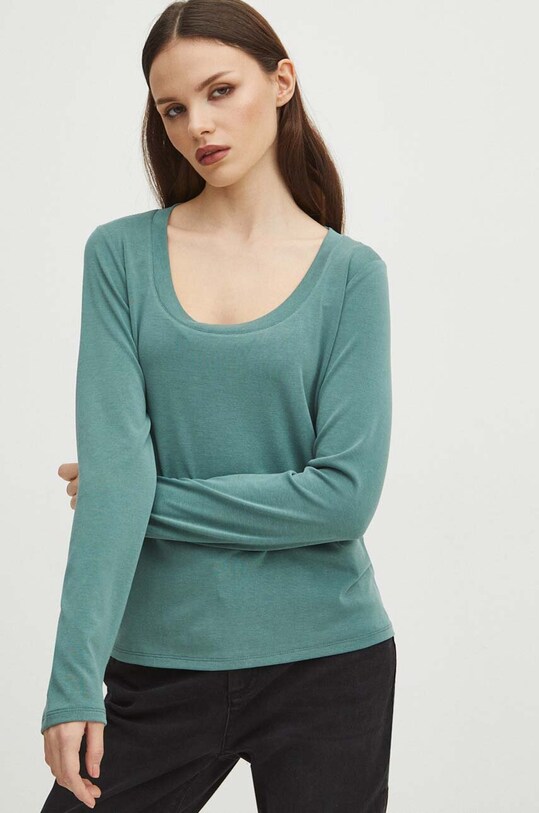 Longsleeve damski z domieszką elastanu gładki kolor zielony zielony RS24.BUD303